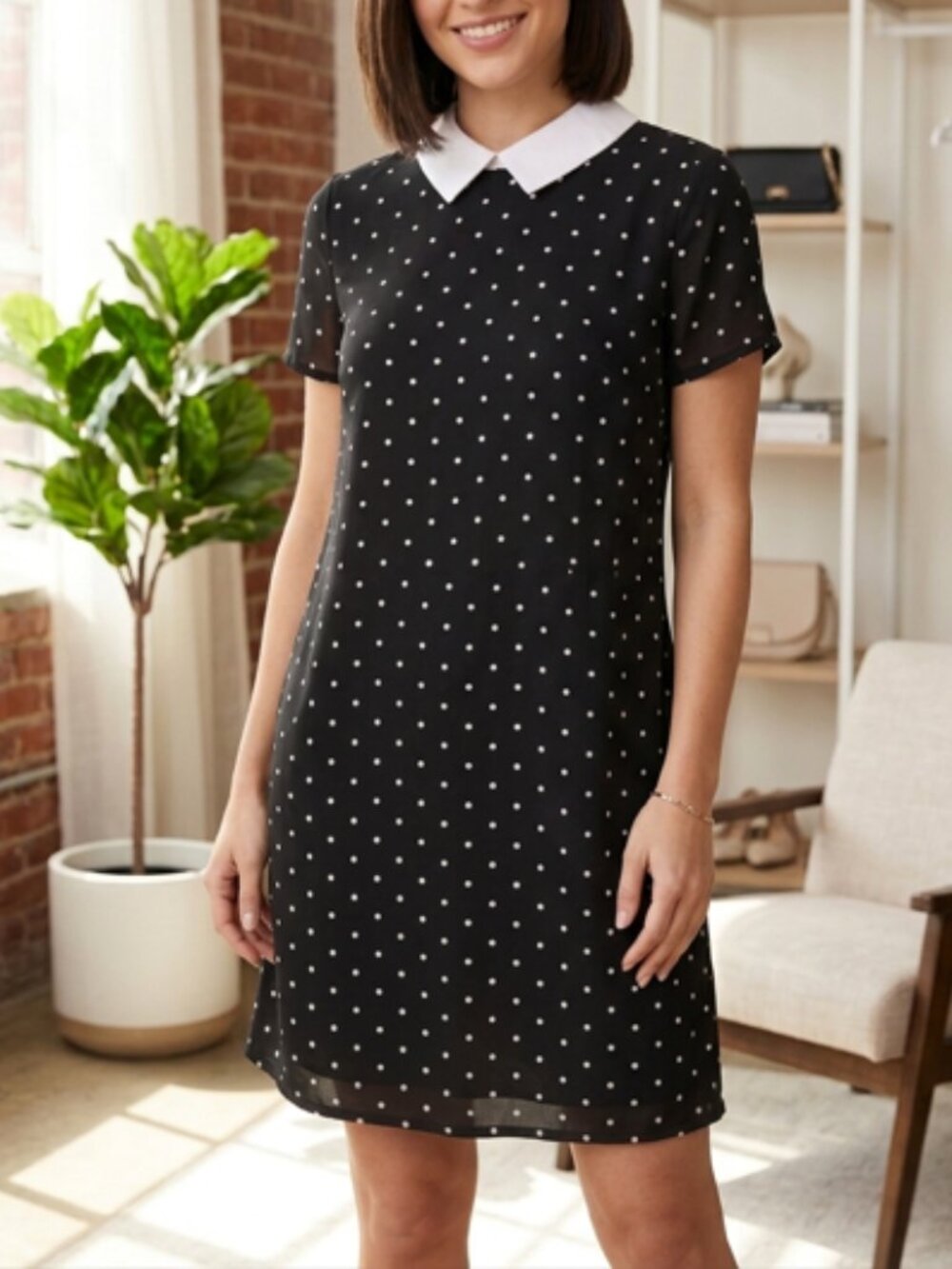 New York & Company Polka Dot Peter Pan Collar Dress Sz Large Retro Dark Academic